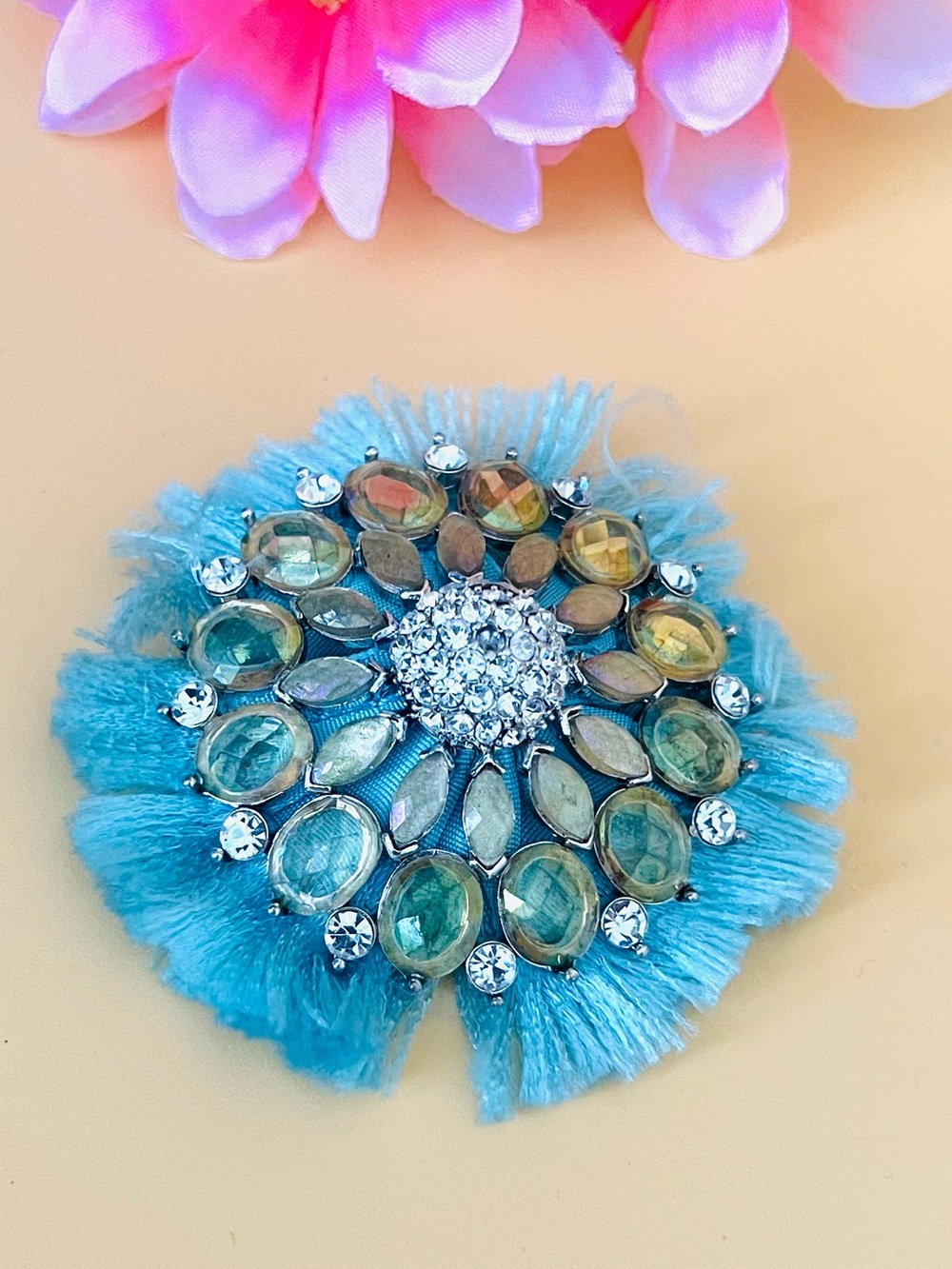 Turquoise Floral Fringe Crystal Brooch - Vintage Jewelry CLEARANCE SALE